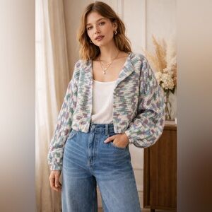 Hand Crocheted Cropped Chunky Sweater Multicolor Bell Sleeves Cottagecore